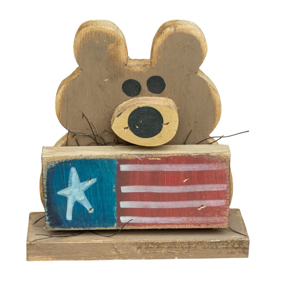Rustic Wood Bear Shelf Sitter Primitive American Flag Folk Art Patriotic Decor
